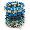 Wide Coiled Ceramic, Acrylic, Glass Bead Bracelet (Green, Blue, Teal, Clear, Silver) - Adjustable