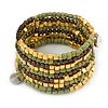 Dusty Light Green Glass, Brown & Gold Tone Acrylic Bead Coiled Flex Bracelet - Adjustable