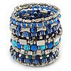 Wide Coiled Ceramic, Acrylic, Glass Bead Bracelet (Blue, Teal, Silver) - Adjustable