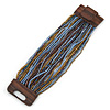 Bronze/ Light Blue/ Purple/ Peacock Glass Bead Multistrand Flex Bracelet With Wooden Closure - 19cm L