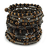 Wide Coiled Ceramic, Acrylic, Glass Bead Bracelet (Black, Bronze, Grey) - Adjustable