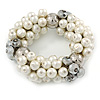 Chunky Cream Glass Pearl, Grey Crystal Bead Flex Bracelet - up to 18cm L