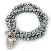 3 Strand Grey Glass Pearl, Metallic Silver Crystal Bead with Puffed Heart Charm Flex Bracelet - 20cm L