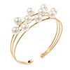 Delicate 3 Bar Cluster White Faux Pearl Cuff Bracelet In Gold Tone - 19cm L - Adjustable