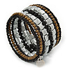 Jet Black Glass, Silver & Bronze Tone Acrylic Bead Coiled Flex Bracelet - Adjustable