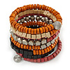Wide Cherry/ Black/ Orange Wooden Bead Coil Flex Bracelet - Adjustable