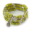 Lime Green Cube Wood Bead and Silver Tone Metal Bar Multistrand Flex Bracelet