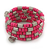 Deep Pink Wood Bead and Silver Tone Metal Bar Multistrand Flex Bracelet