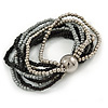 Multistrand Glass and Plastic Bead Flex Bracelet with a Ball (Black/ Grey/ Silver) - 17cm L