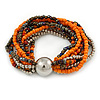 Multistrand Glass and Plastic Bead Flex Bracelet with a Ball (Orange/ Silver/ Peacock) - 18cm L