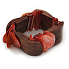 Unique Salmon Pink Sea Shell And Brown Wood Stretch Bracelet - 18cm L