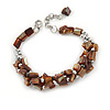 Brown Shell Nugget, Silver Tone Bead Twisted Bracelet - 19cm L/ 3cm Ext