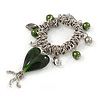 Large Green Glass Heart Charm Silver Tone Metal Link Flex Bracelet - 16cm L (For Smaller Wrists)