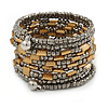 Wide Silver Grey/ Gold Glass/ Acrylic Bead Coiled Flex Bracelet - 18cm L