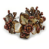 Taupe/ Coffee Brown Floral Sea Shell & Simulated Pearl Cuff Bracelet (Silver Tone) - Adjustable