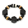 Black, Natural Wood and Resin Bead Stretch Bracelet - 18cm L