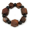 Brown Wood, Black Ceramic Beads Flex Bracelet - 18cm L