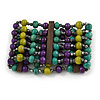 Wide Wood and Acrylic Bead Flex Bracelet (Purple/ Teal/ Olive/ Brown) - 19cm Long (Large)