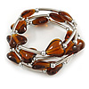 Multistrand Brown/ Amber Glass Heart Bead Coiled Flex Bracelet In Silver Tone - Adjustable