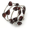 Multistrand Plum Glass Heart Bead Coiled Flex Bracelet In Silver Tone - Adjustable