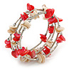 Red/ Natural Shell Nugget Multistrand Coiled Flex Bracelet in Silver Tone - Adjustable