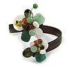 Semiprecious Stone Floral Silver Tone Wire Brown Leather Flex Bracelet (Green, White) - Adjustable