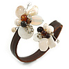 Semiprecious Stone Floral Silver Tone Wire Brown Leather Flex Bracelet (Brown, White) - Adjustable