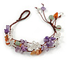 Small Semiprecious Stone Brown Cotton Cord Handmade Bracelet (Amethyst, Green, Orange) - 16cm L