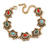 Vintage Inspired Turkish Style Square Station Bracelet In Aged Gold Tone (Green/ Red/ Blue) - 16cm L/ 6cm Ext