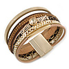 Stylish Gold, Brown, Snake Print Faux Leather with Crystal Detailing Magnetic Bracelet In Matt Gold Finish - 18cm L