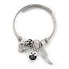Fancy Charm (Owl/ Wing) Flex Twisted Cable Cuff Bracelet In Silver Tone Metal - Adjustable - 17cm L