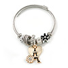 Fancy Charm (Heart, Flower, Crystal Rings, Eiffel Tower) Flex Twisted Cable Cuff Bracelet In Silver/ Gold Tone Metal - Adjustable - 17cm L