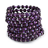 Wide Wood and Glass Bead Coil Flex Bracelet In Purple - Adjustable