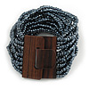 Anthracite/ Hematite Glass Bead Multistrand Flex Bracelet With Wooden Closure - 19cm L