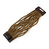 Bronze Gold Glass Bead Multistrand Flex Bracelet With Wooden Closure - 19cm L
