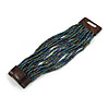 Peacock Glass Bead Multistrand Flex Bracelet With Wooden Closure - 19cm L