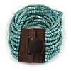 Dusty Light Blue Glass Bead Multistrand Flex Bracelet With Wooden Closure - 19cm L