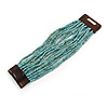 Dusty Light Blue Glass Bead Multistrand Flex Bracelet With Wooden Closure - 19cm L