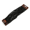Black Glass Bead Multistrand Flex Bracelet With Wooden Closure - 19cm L