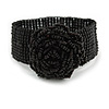 Statement Beaded Flower Stretch Bracelet In Black - 18cm L - Adjustable