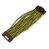 Olive Green Glass Bead Multistrand Flex Bracelet With Wooden Closure - 19cm L