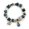 Trendy Glass and Shell Bead, Gold Tone Metal Rings Flex Bracelet (Blue, Grey, White, Gold) - 17cm L