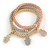 Set Of 3 Thick Mesh Flex Bracelets with Crystal Hamsa Hand Charm in Gold/ Silver/ Rose Gold - 19cm L