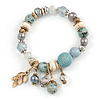 Trendy Ceramic, Glass and Semiprecious Bead, Gold/ Silver Tone Metal Rings, Charm Flex Bracelet (Light Blue, Grey, Cream) - 18cm L