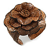 Statement Taupe Brown Snake Print Leather Flower Flex Cuff Bangle Bracelet - Adjustable