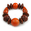 Statement Chunky Wood Bead Flex Bracelet in Orange/ Brown - Medium
