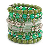 Wide Coiled Ceramic, Acrylic, Glass Bead Bracelet (Green, Lime, Transparent) - Adjustable
