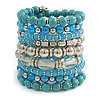 Wide Coiled Ceramic, Acrylic, Glass Bead Bracelet (Light Blue, Turquoise, Silver, Transparent) - Adjustable