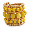 Wide Coiled Ceramic, Acrylic, Wood Bead Bracelet (Yellow/ Natural) - Adjustable