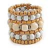 Wide Coiled Ceramic, Acrylic, Wood Bead Bracelet (Snow White/ Cream/ Natural) - Adjustable